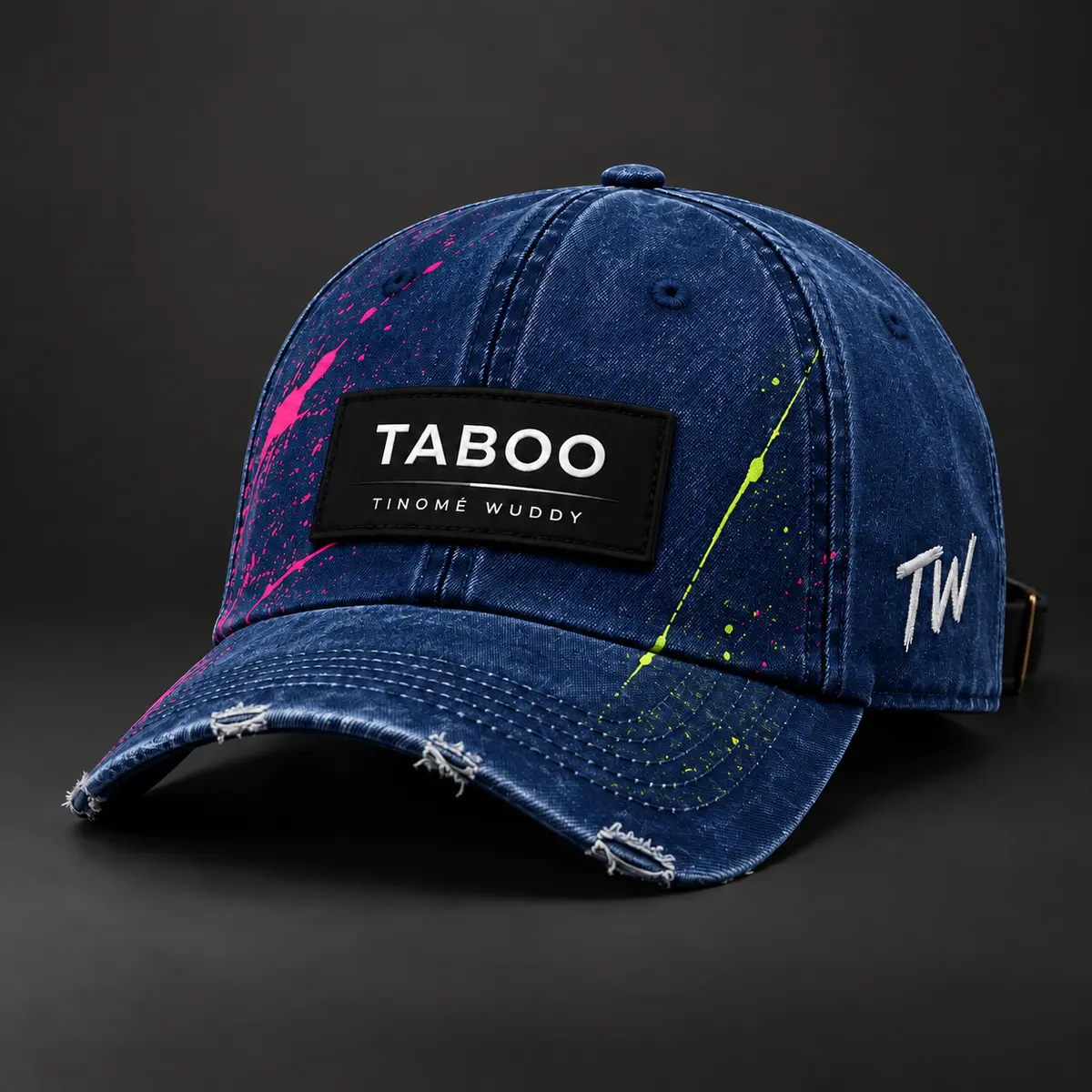 Blue distressed TABOO face cap