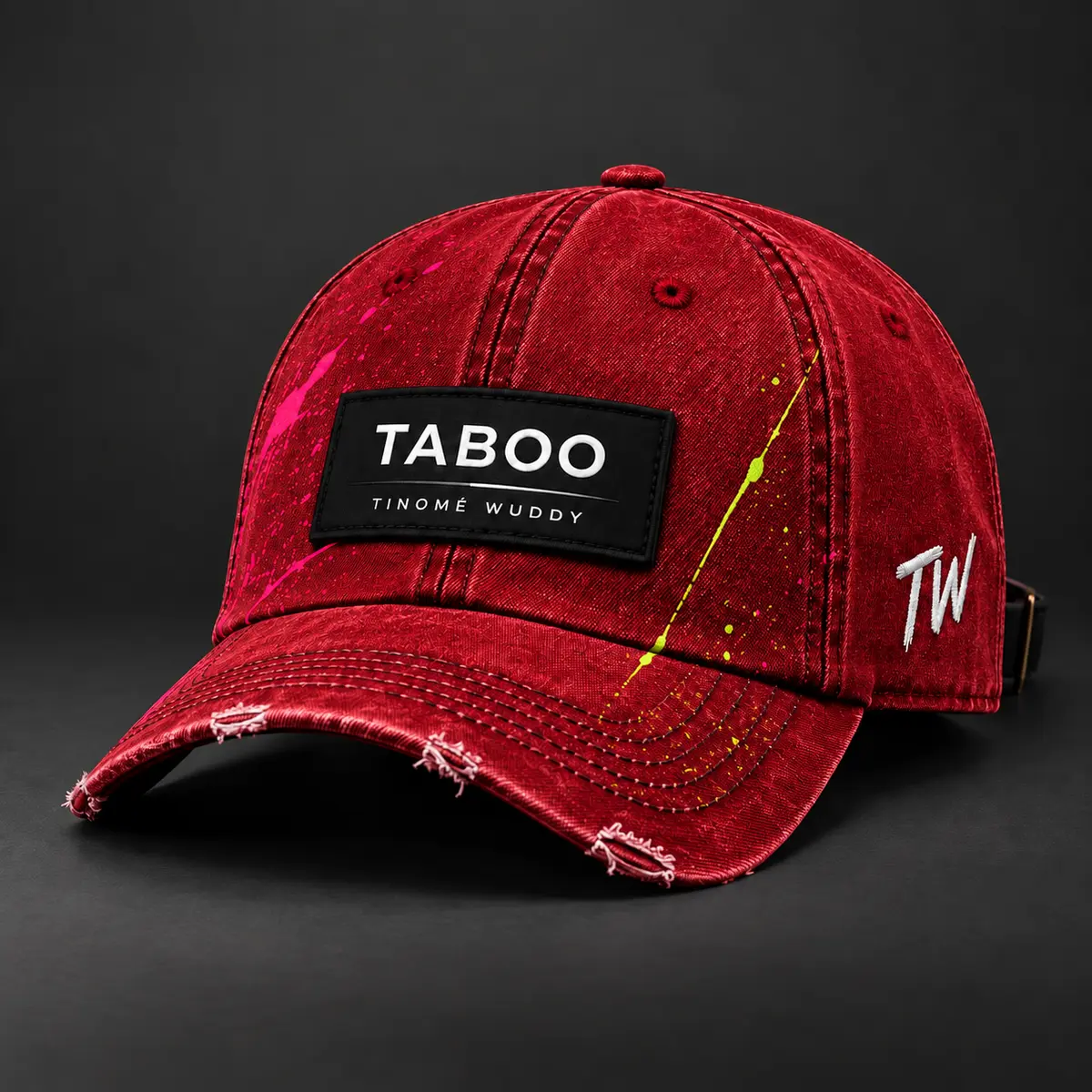 Red distressed TABOO face cap