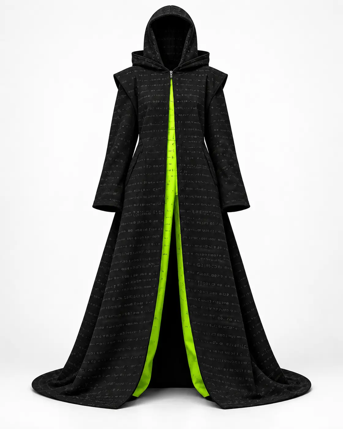 Long black TABOO hooded cloak with neon green centre detail