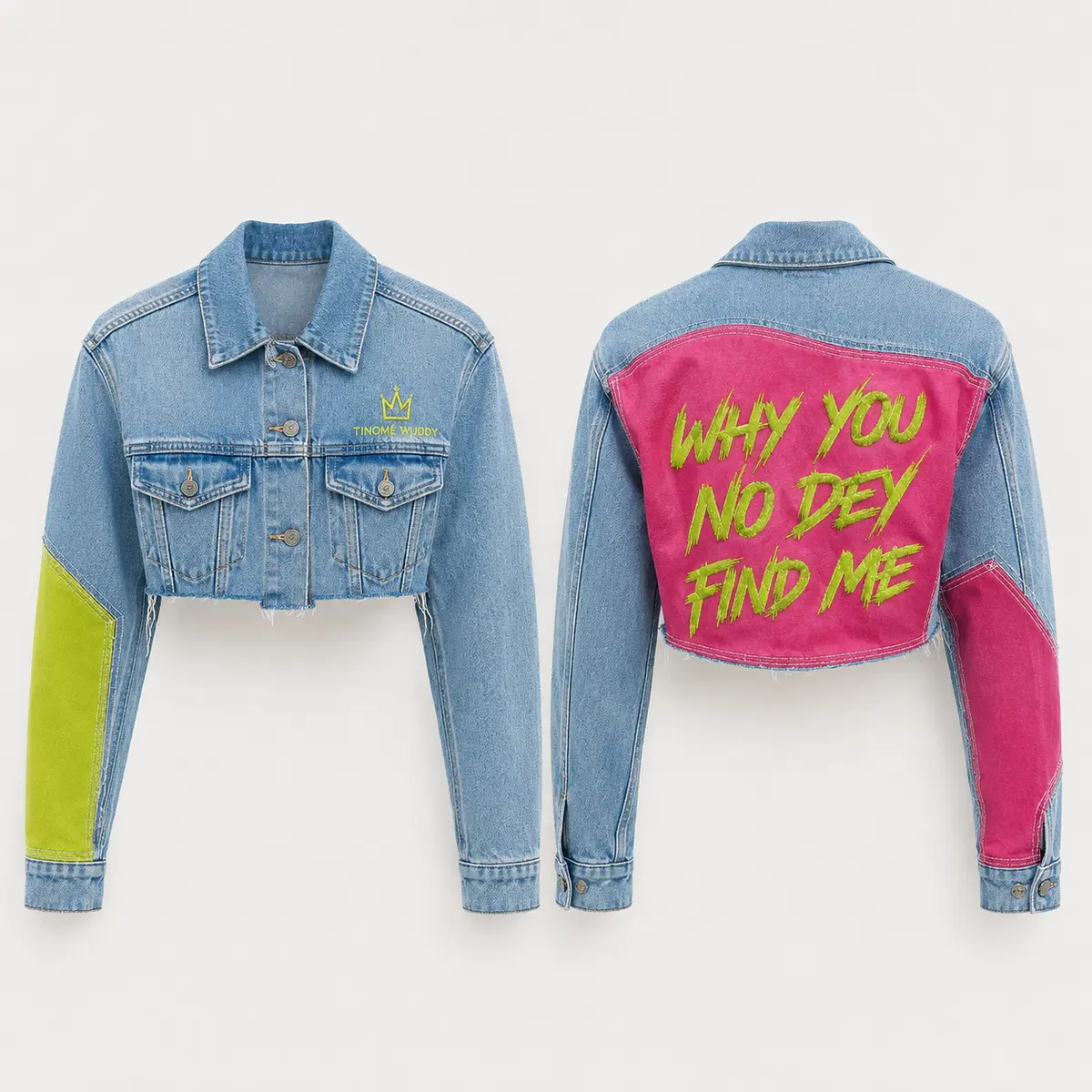 Cropped TABOO denim jacket shown front and back
