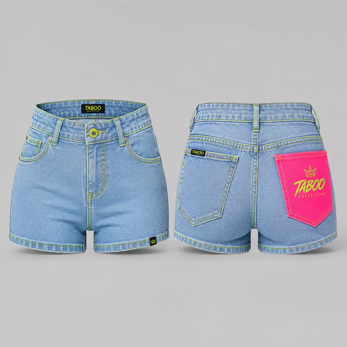 TABOO denim shorts shown front and back