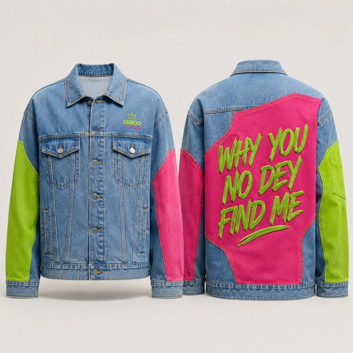 Full-length TABOO denim jacket shown front and back