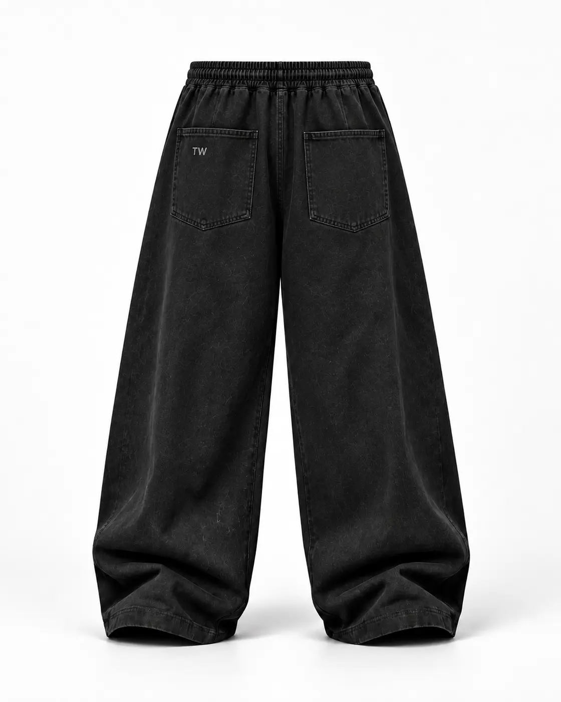 Back of black TABOO wide-leg trousers with TW pocket detail